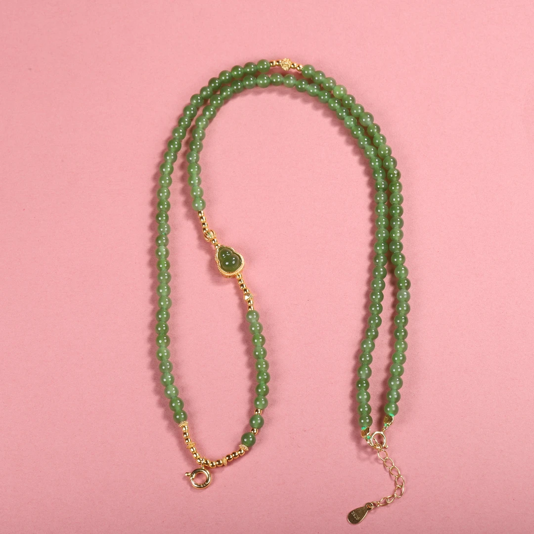 【汪氏精品】和田玉苹果绿葫芦款百搭扣头4mm项链 1577-G56