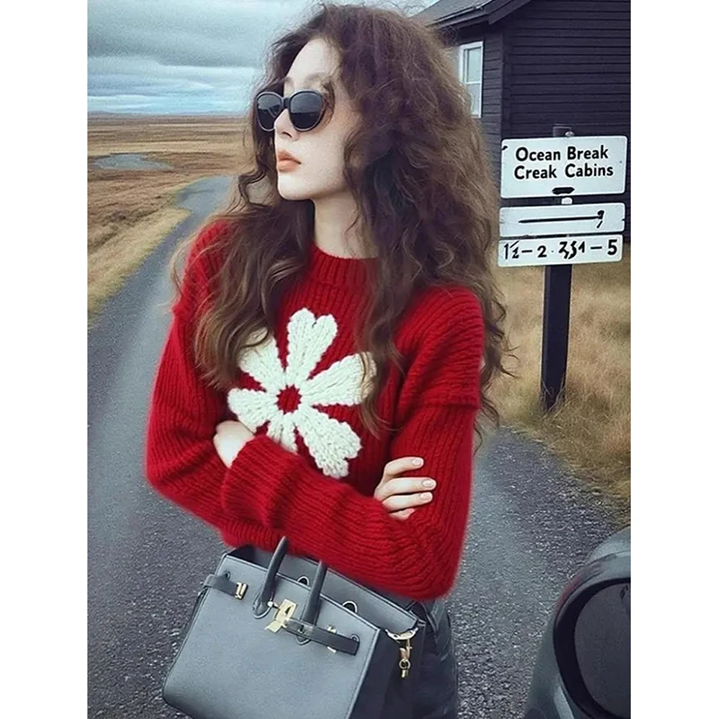 2025冬独特别致高级感超好看韩系松弛感软糯慵懒风红色花朵毛衣女
