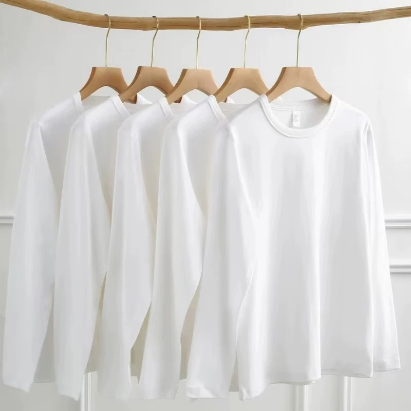 新疆纯棉T恤男女白色t恤圆领长袖打底上衣纯色时尚百搭