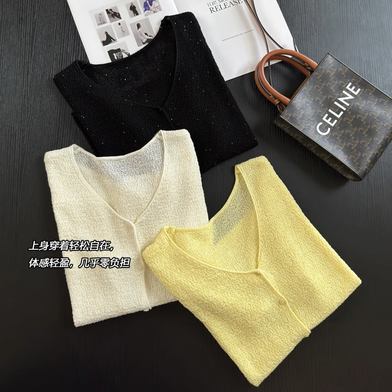 温柔一夏~清爽透气莱赛尔天丝亚麻短袖针织衫女雪花肌理感T恤开衫