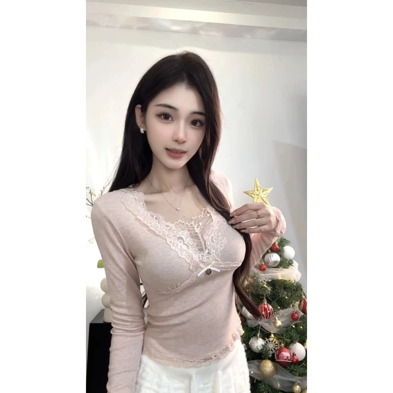 芭蕾风纯欲上衣粉色打底衫女秋冬甜辣妹蕾丝内搭短款T恤独特绝美