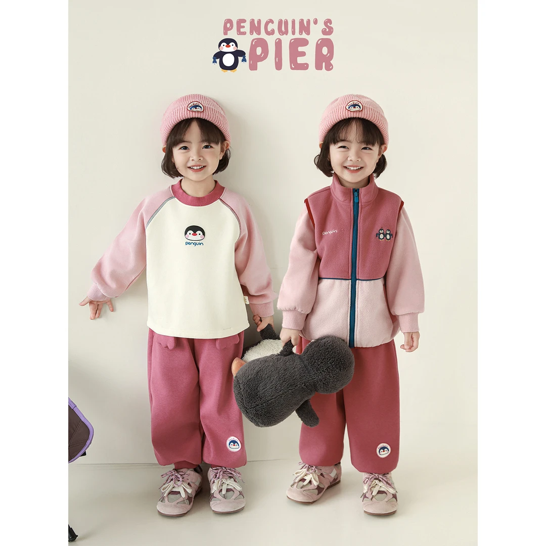 幼悠女童冬装企鹅保暖加绒套装日韩童装可爱超萌儿童衣服潮GD4325
