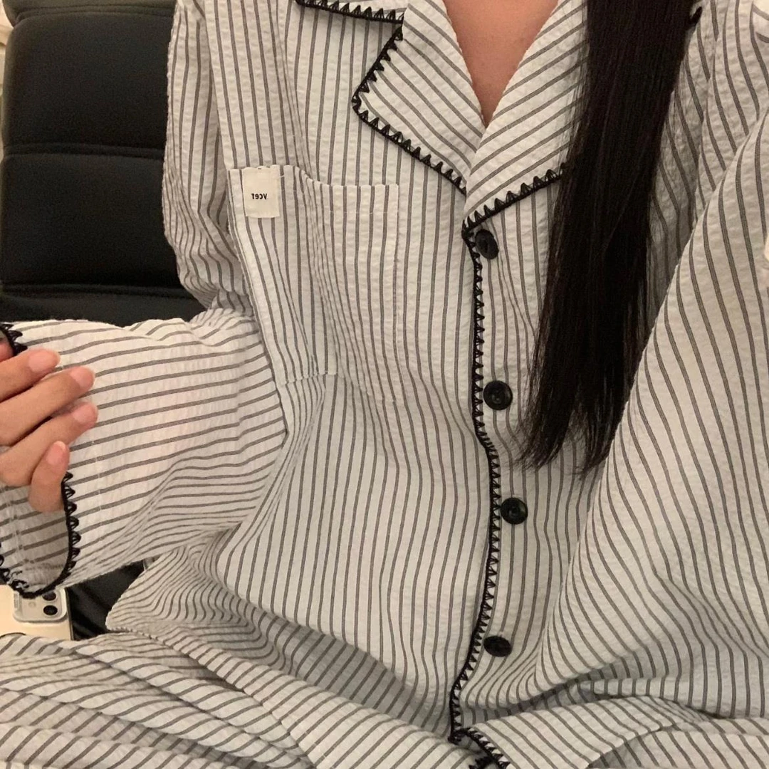 SUAMRUO韩系灰白条纹长袖睡衣女春秋款套装甜美高级家居服两件套