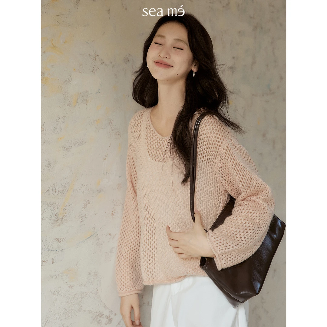 Seame汐觅【向往】松弛感羊毛混纺V领镂空针织毛衫女韩系休闲上衣