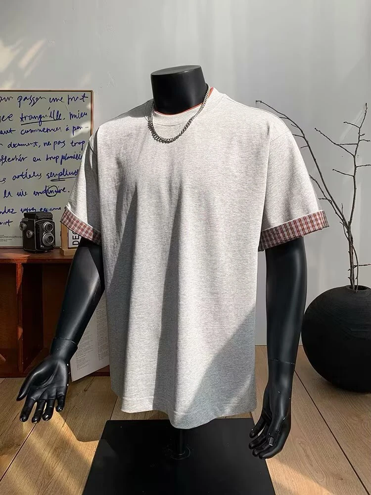 【桃子】男装休闲百搭夏季简约格子水洗男士春夏T恤日常短袖