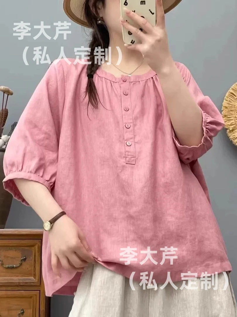 减龄半开亚麻衬衫  复古新款简约宽松显瘦休闲圆领半袖假日风