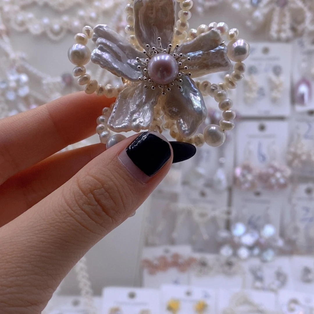 耳饰淡水珍珠银S925镶嵌胸针