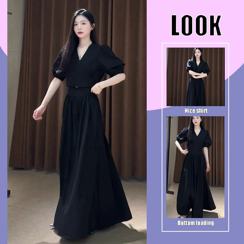 2025夏季气质泡泡袖上衣赫本风高腰半身裙高级感女装冷淡风套装潮