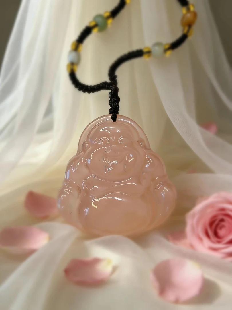 冰藕粉天然玉石大肚弥勒佛吊坠