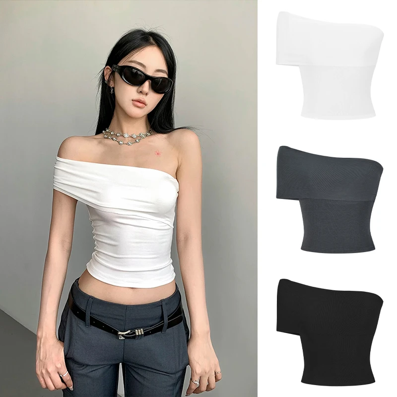 Moses Queen/魔西女王美式辣妹斜肩抹胸短袖T恤女设计感露肩上衣