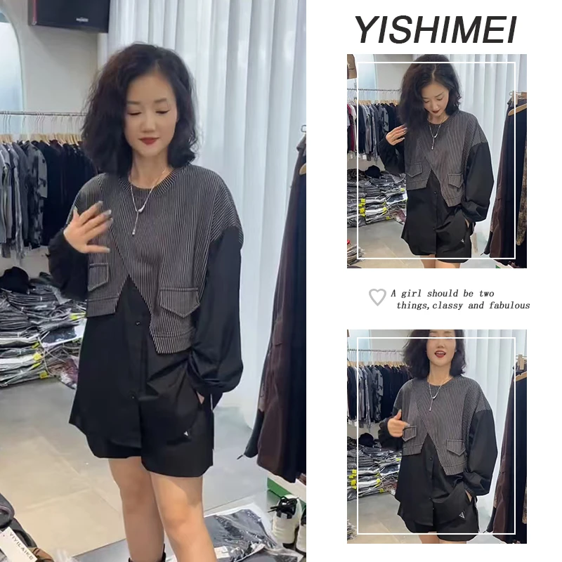 秋装搭配一整套2025年新款设计感百搭拼接长袖上衣高腰短裤两件套