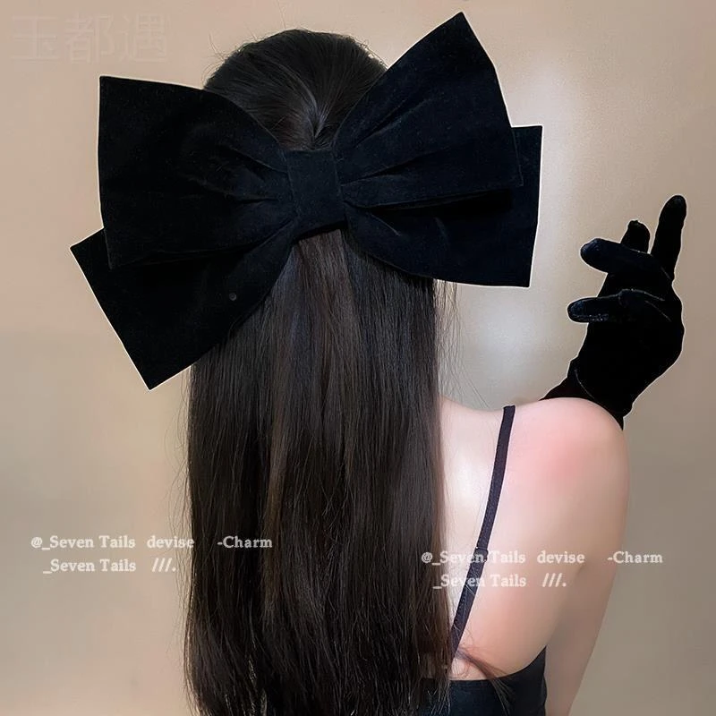 法式黑色超大丝绒蝴蝶结网红发夹女高级感头饰大号后脑勺弹簧发夹