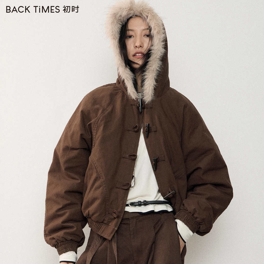 BACKTIMES·连帽毛领水洗棉服 女式新款时尚简约通勤气质