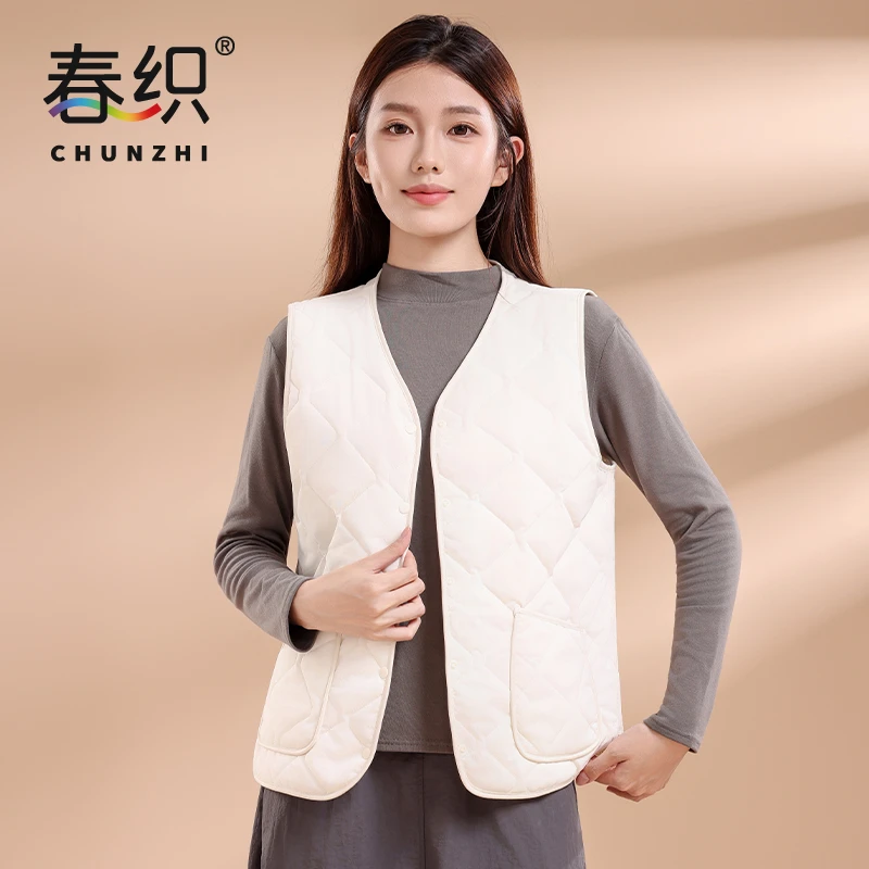 春织2025新款轻薄保暖马甲女士V领背心百搭秋冬妈妈短款加绒马夹