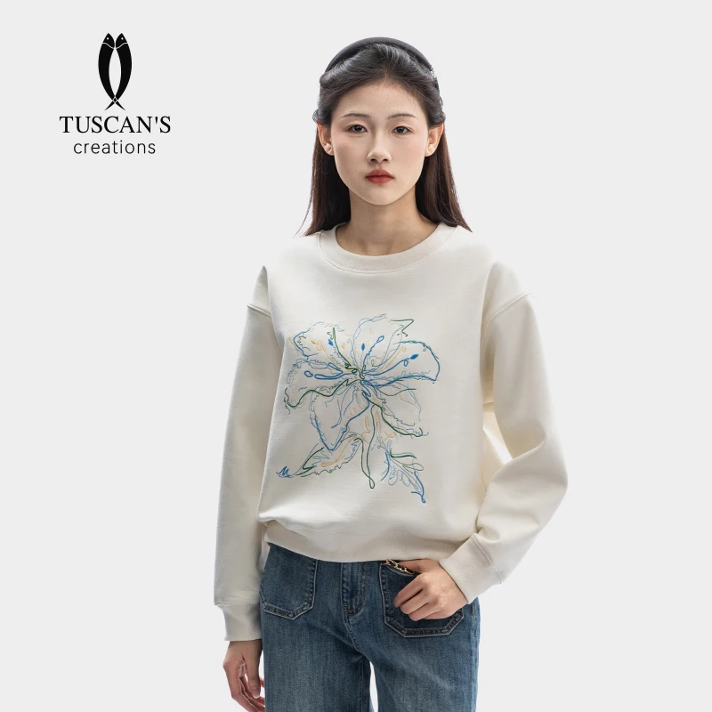 TUSCAN'S CREATIONS潮流休闲百搭短款刺绣白色女款套头卫衣