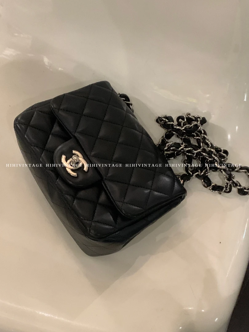 95新 Chanel/香奈儿 黑银菱格纹方胖子 单肩包22开二店