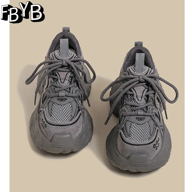 FBYB品牌正品厚底老爹鞋女2025春秋季新款加绒灰色增高百搭复古休