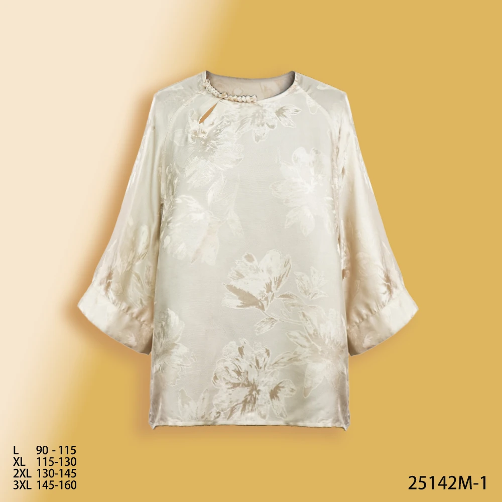 XY 2025新款时尚米色圆领盘扣优雅满萝透气女小衫上衣25142M-1