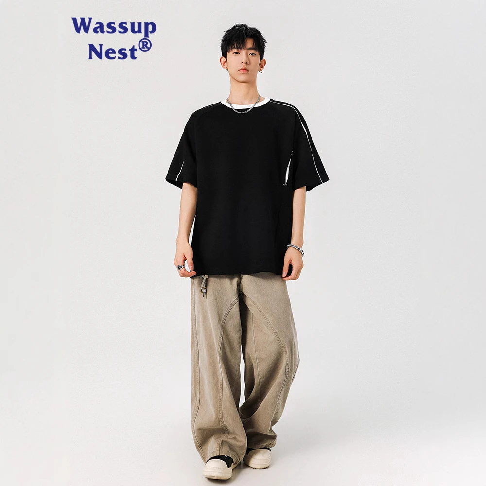 WASSUP美式短袖t恤男款夏季圆领条纹潮流潮牌上衣休闲半袖打底衫