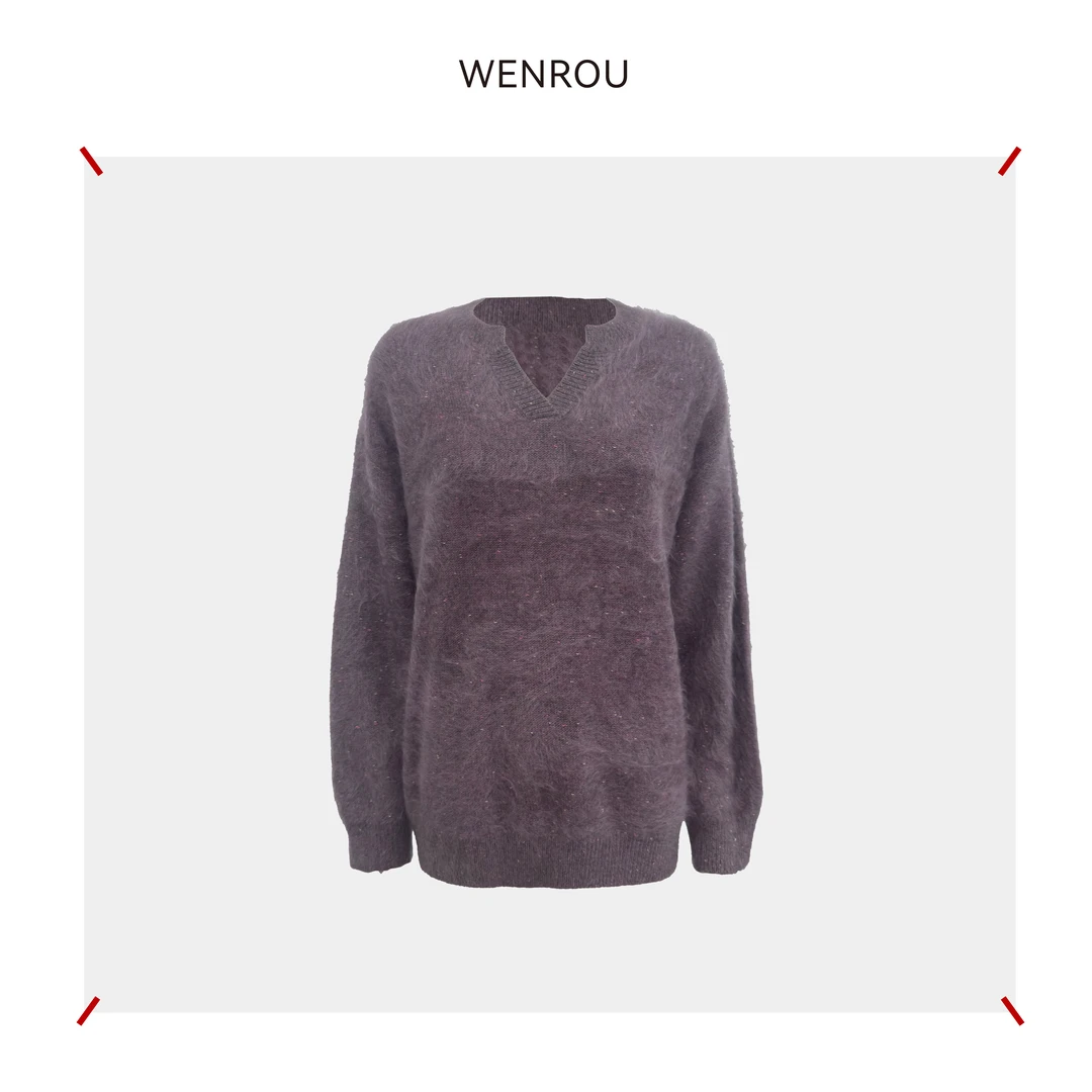 温柔自知 灰玫粉色  剪刀领 套头衫羊绒衫L756