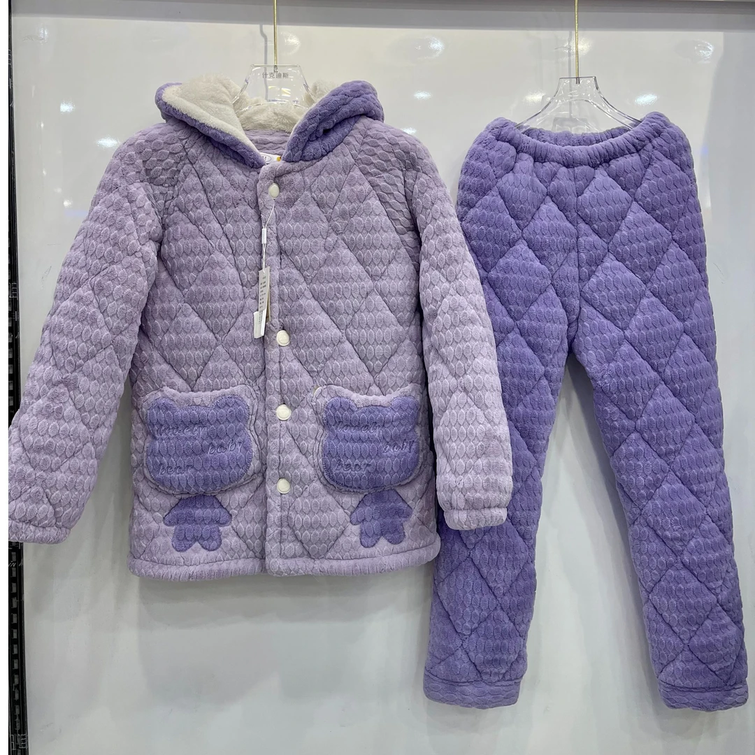 冬季23202女士青年高档加绒保暖三层夹棉加厚可外穿睡衣家居服