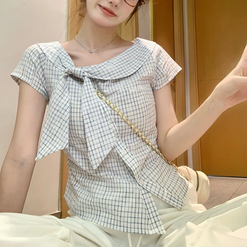 大码法式高级感方领娃娃衫甜美短袖衬衫女胖MM遮肉显瘦上衣-7623