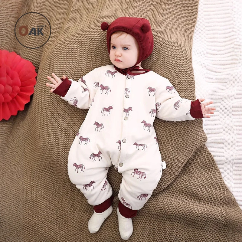 Oak mont婴儿连体衣冬装满月服喜庆加厚棉服周岁宝宝红色百天衣服