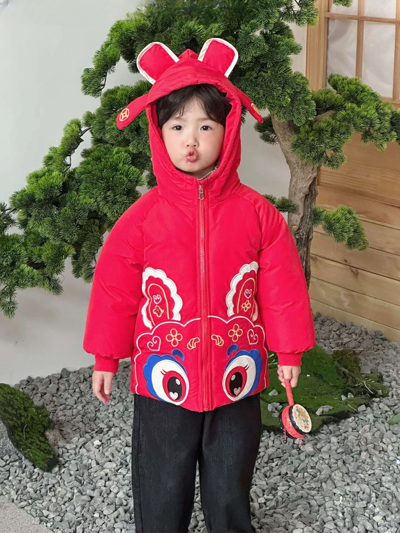 男童棉衣外套加绒加厚过年服红色中国风喜庆保暖连帽儿童