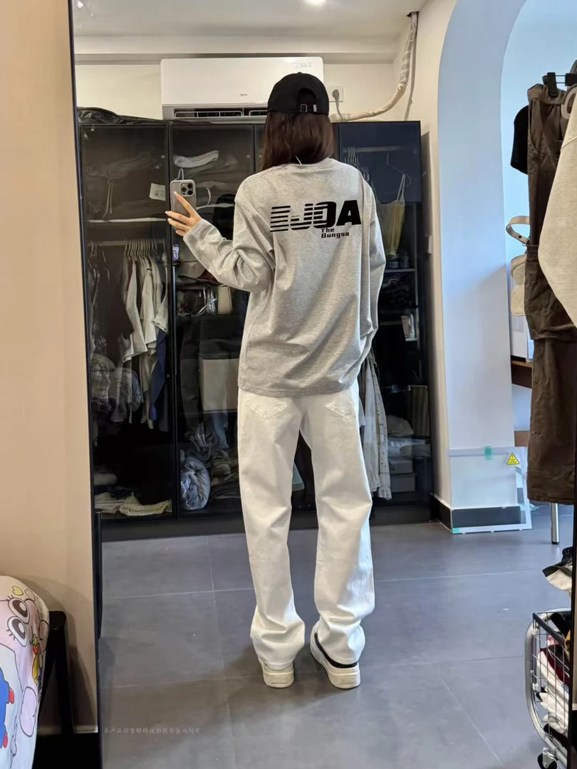 美式长袖t恤女早秋印花新款宽松慵懒风设计感小众秋季上衣情侣装