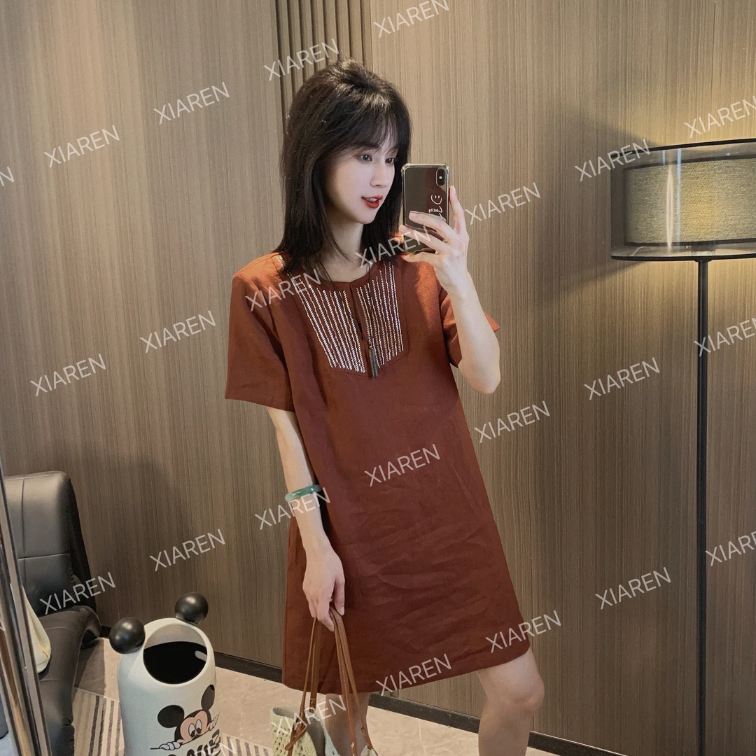 只出不进【重工钉珠全麻连衣裙】裙子夏天连衣裙休闲百搭显气质