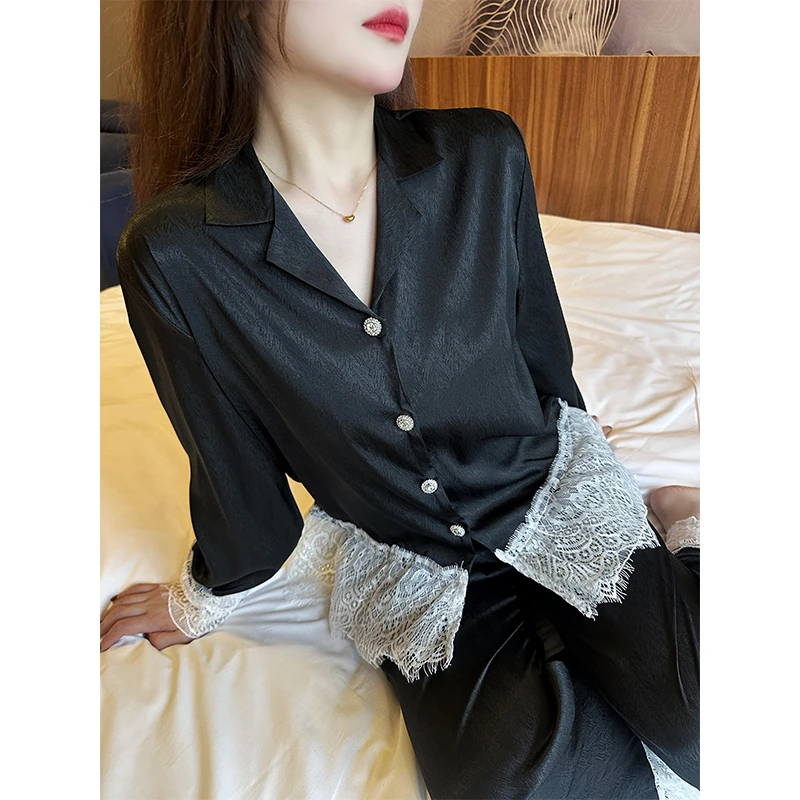 2025新款春秋睡衣女法式时尚蕾丝花边袖甜美气质可外穿宽松家居服