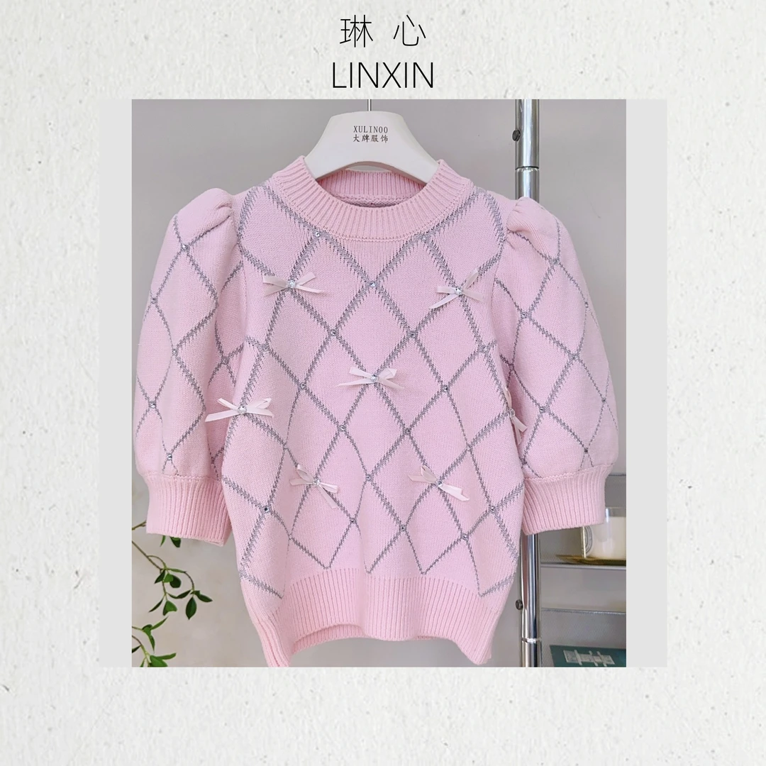 丨早秋时尚甜美减龄菱格蝴蝶结泡泡袖套头针织衫 6290