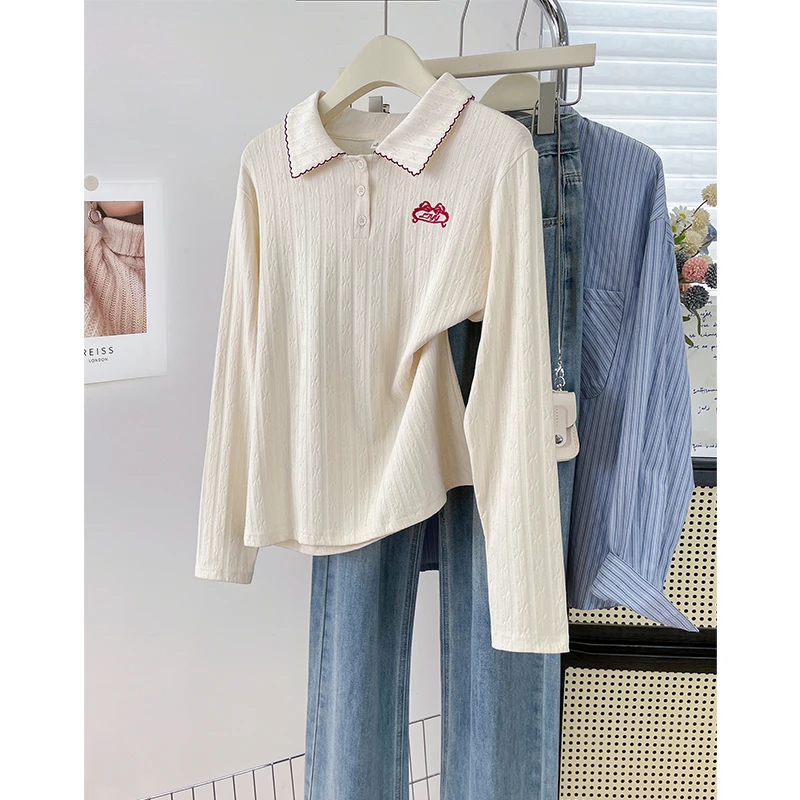 秋季学院风Polo领正肩长袖T恤短款时尚小众百搭女装气质显瘦上衣