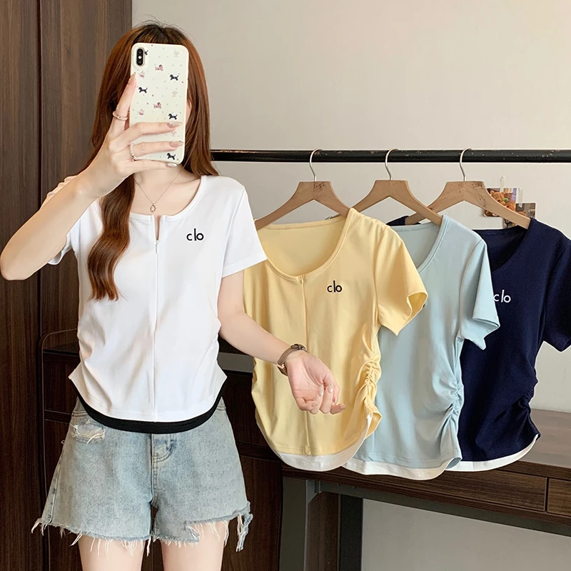 夏装大码女装时尚半开领撞色弧形掐腰短袖t恤微胖mm收腰显瘦上衣