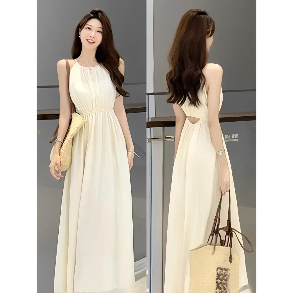 性感法式雪纺吊带连衣裙女2025新款爆款夏季高级感露腰a字长裙子