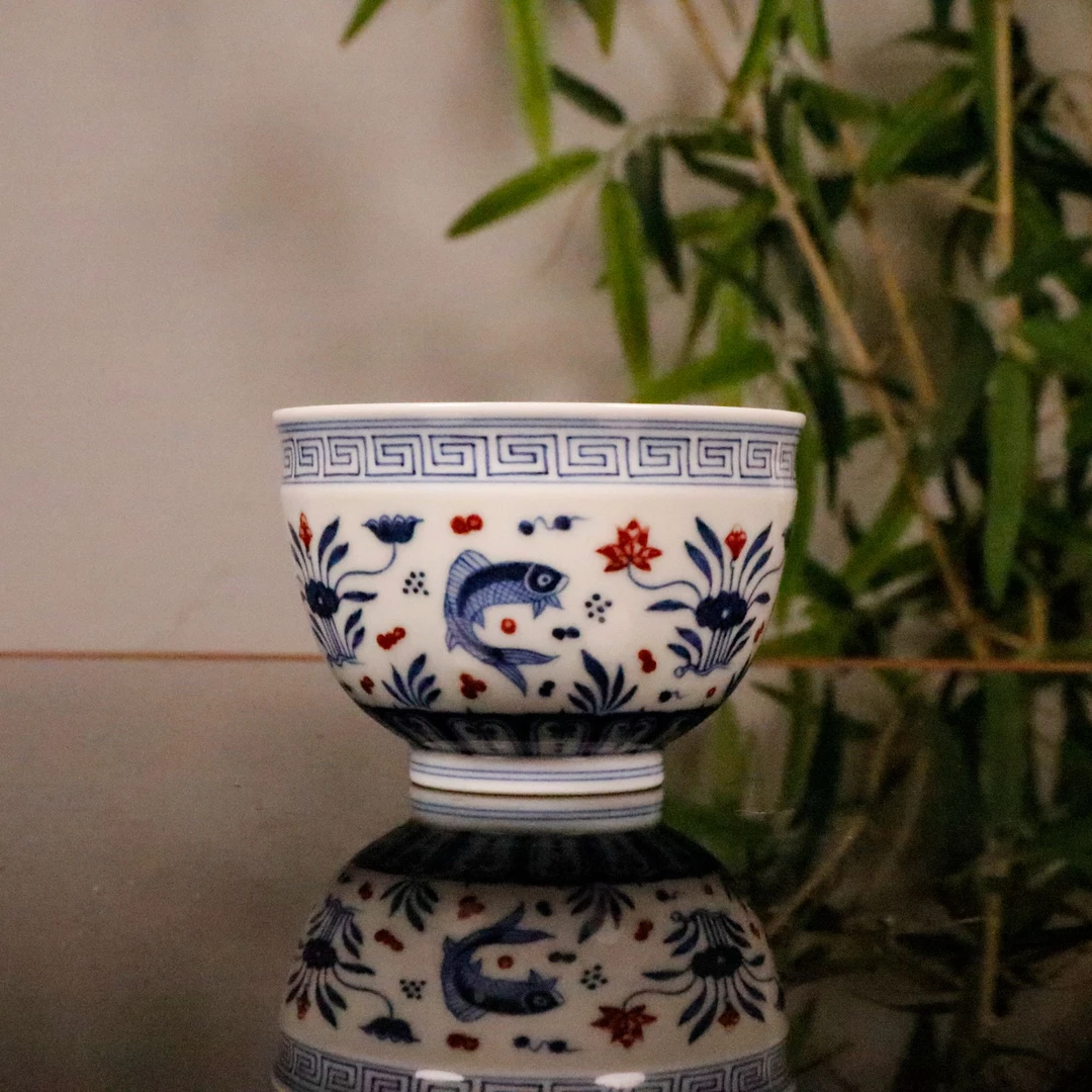 片云晚谷青花釉里红鱼藻灯盏杯景德镇手绘陶瓷龙纹茶器主人杯茶杯