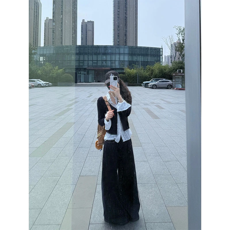 秋冬新款套装设计感小众洋气休闲蕾丝上衣两件套高腰垂感直筒裤女