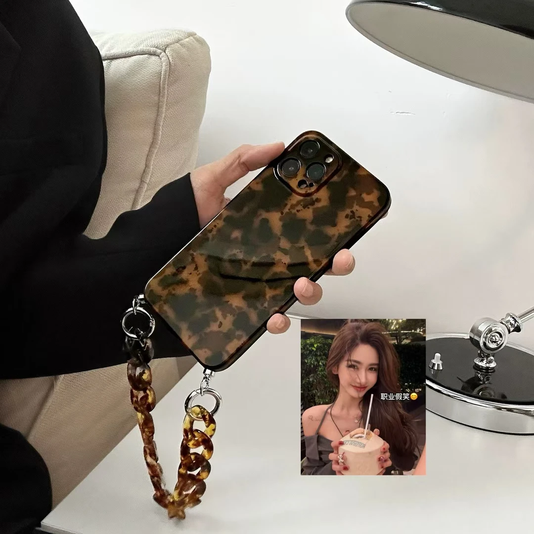 【复古琥珀豹纹】挂链适用iPhone16Promax苹果15手机壳13简约14女12