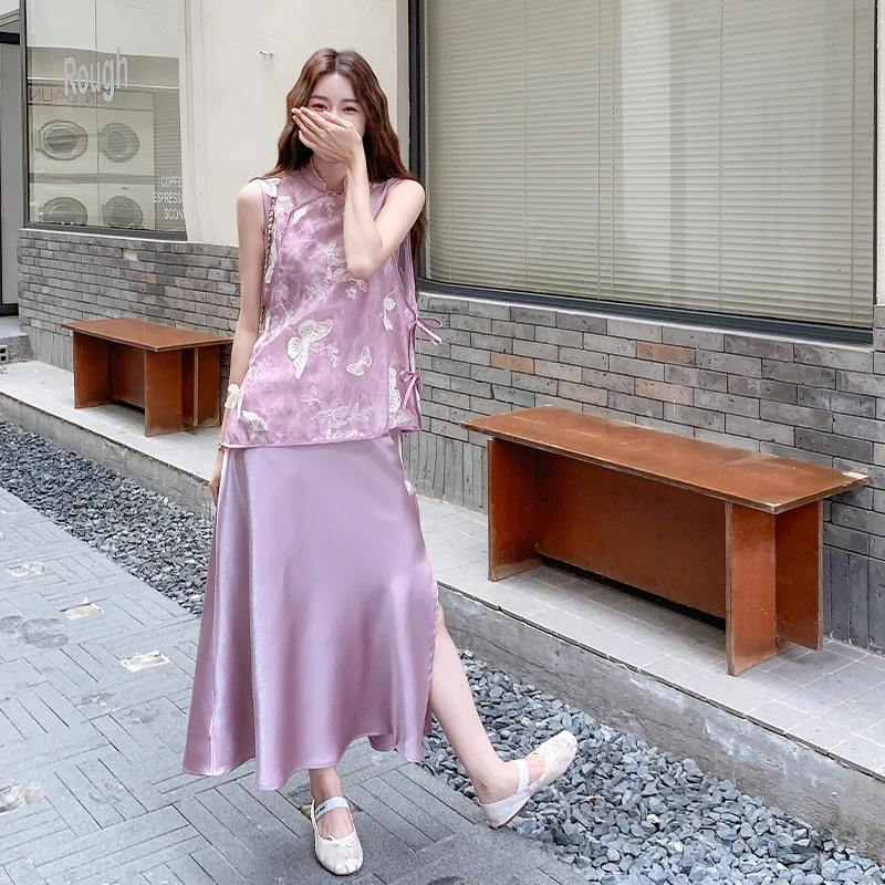 新中式国风淡紫色提花衬衫吊带连衣裙两件套女2025夏季新款长裙子