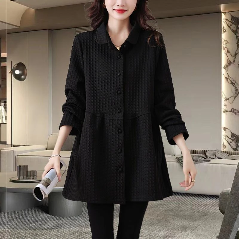2025春秋季新款女士黑色宽松大码长袖衬衫外套休闲减龄妈妈装上衣