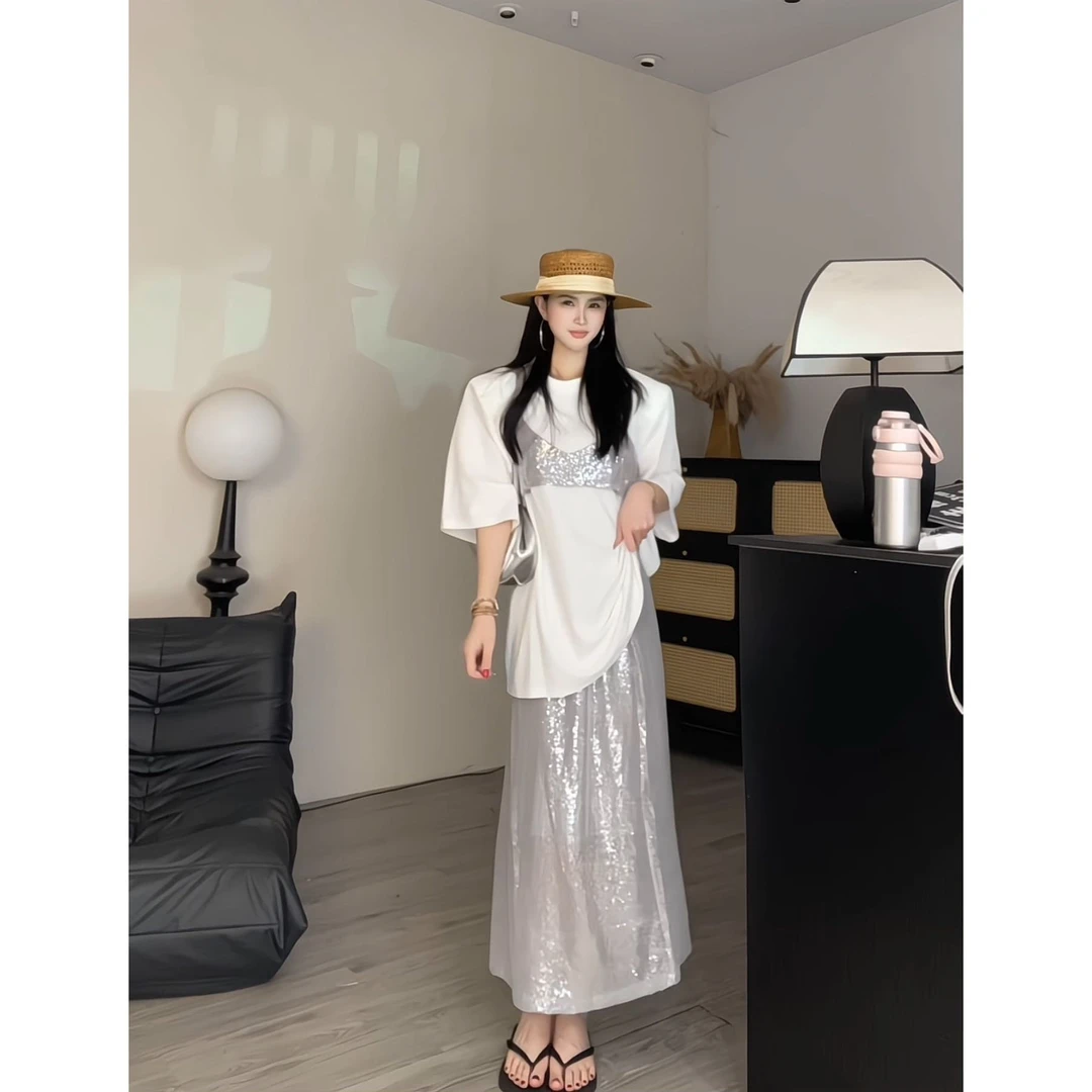 【土豆优选】百搭显瘦假两件T恤➕亮片裙套装