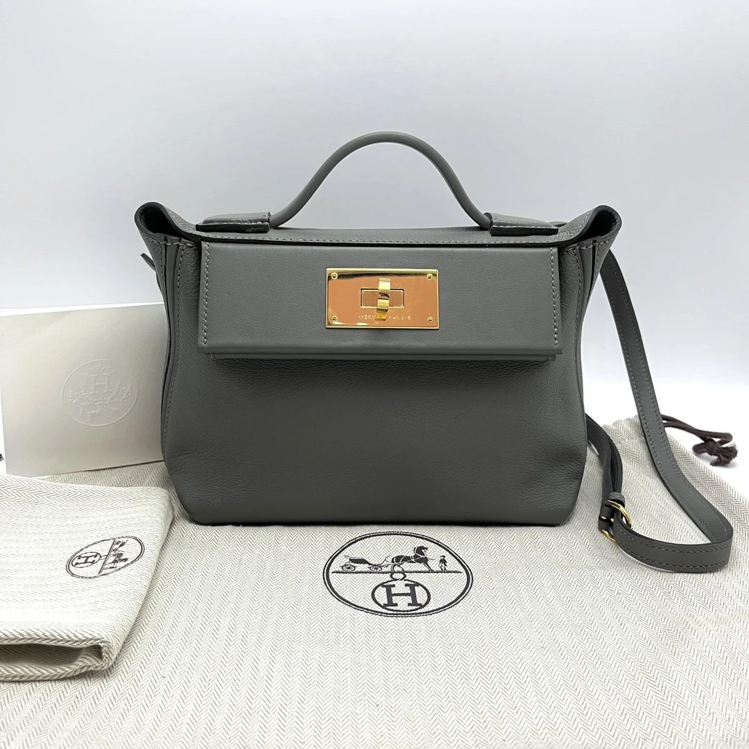 95新 Hermes/爱马仕 积雨云灰金扣mini2424手提单肩斜挎包 03344