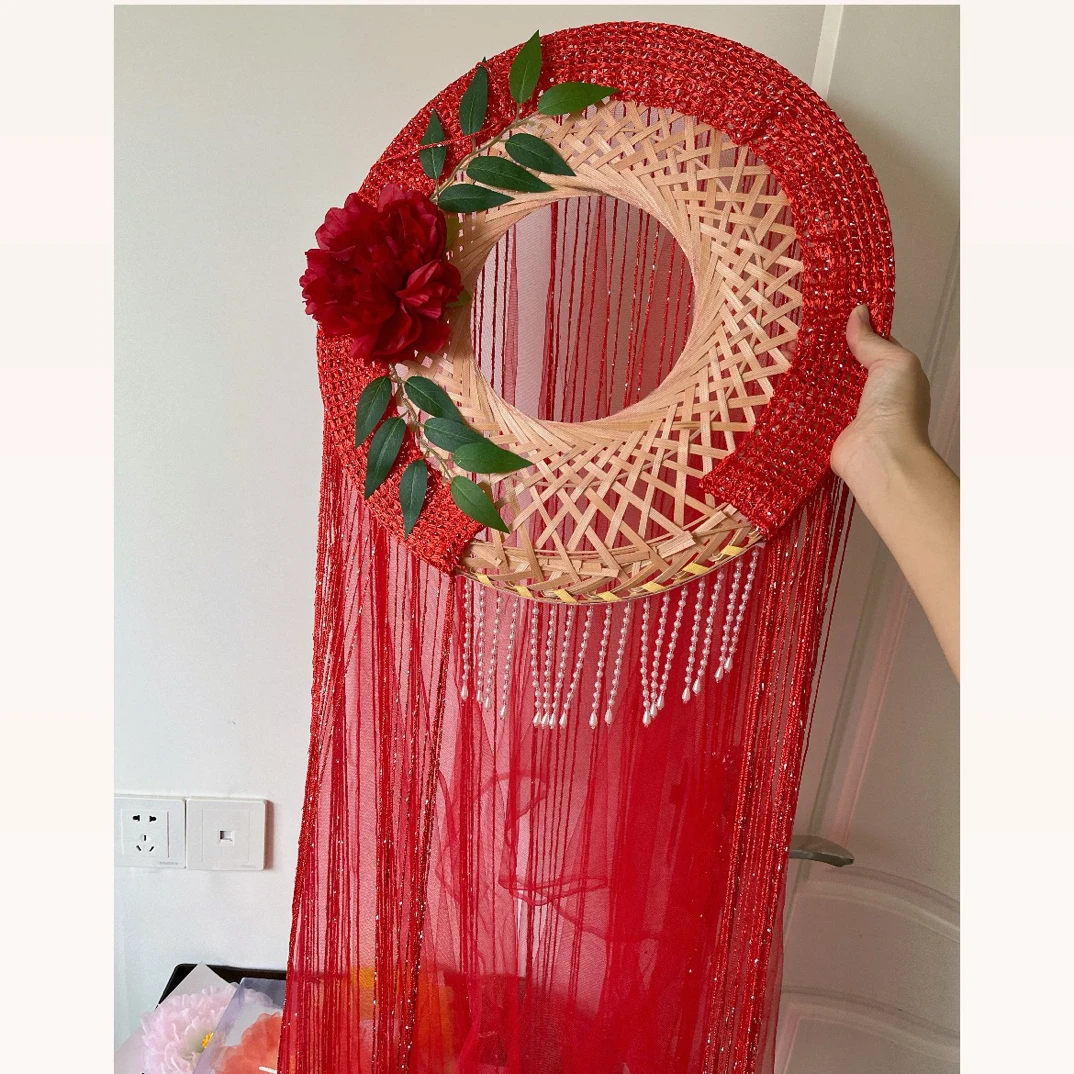 古风汉服帷帽红色长纱流苏簪花斗笠写真竹笠幕篱汉服头饰影视道具