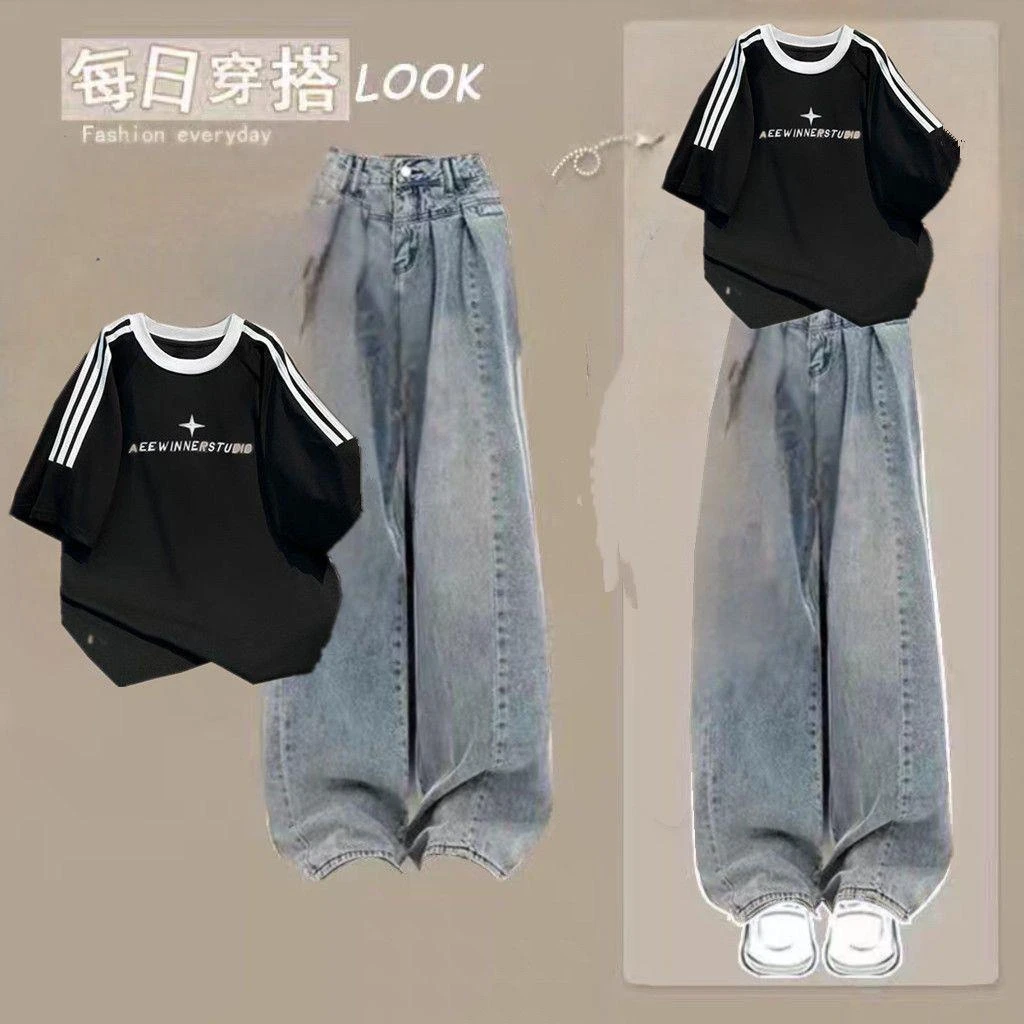 夏日穿搭套装美式百搭字母短袖t恤女初中学生两件套牛仔裤一整套