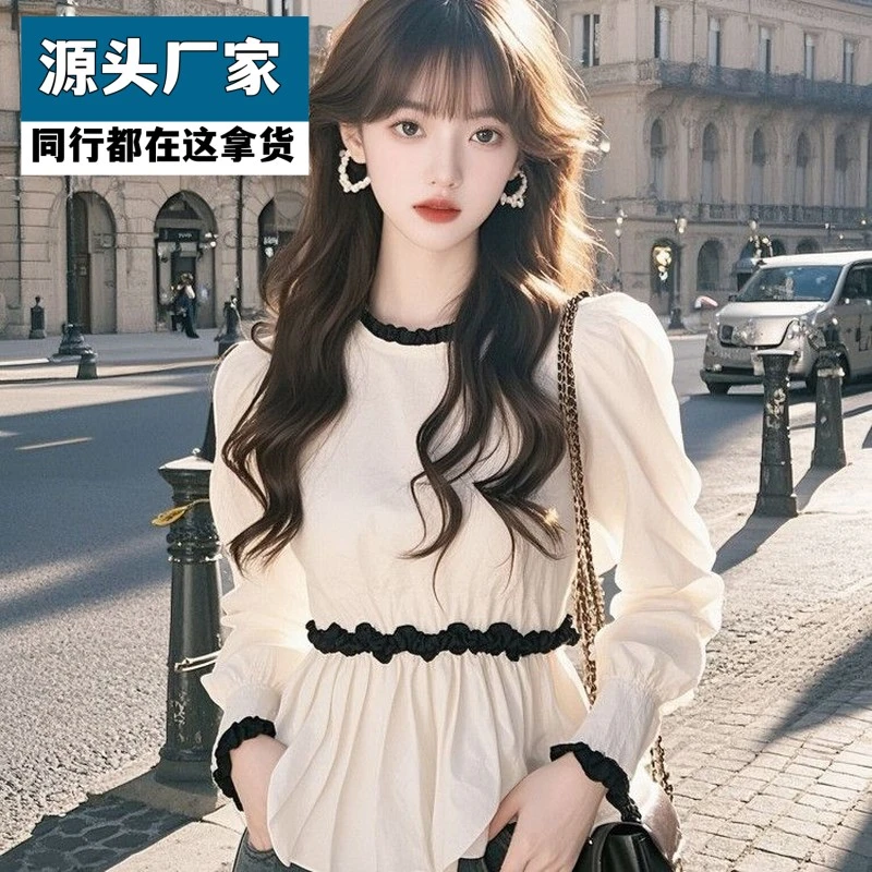 梵乐芬法式轻甜白色长袖衬衫女高级设计感小众春秋独特别致收腰绝