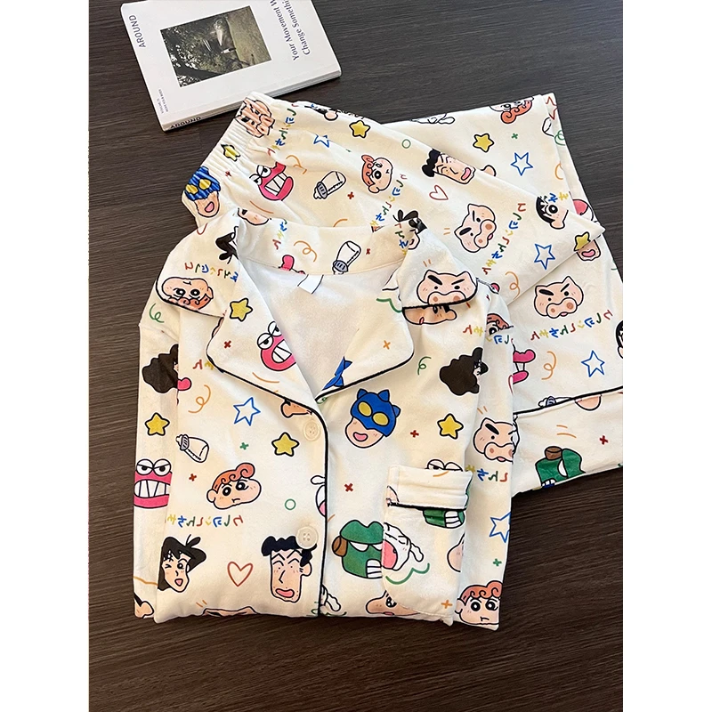 卡通蜡笔小新德绒睡衣女秋冬季新款舒适加绒加厚家居服可外穿套装