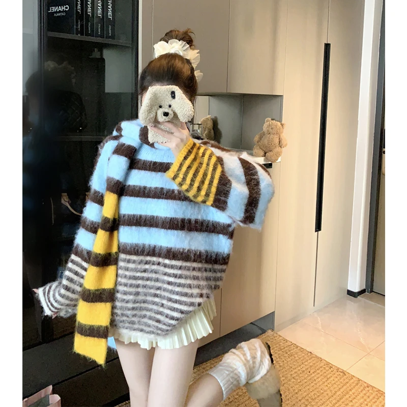 韩系撞色围巾毛衣外套女秋冬新款时尚条纹针织衫长袖上衣宽松外穿