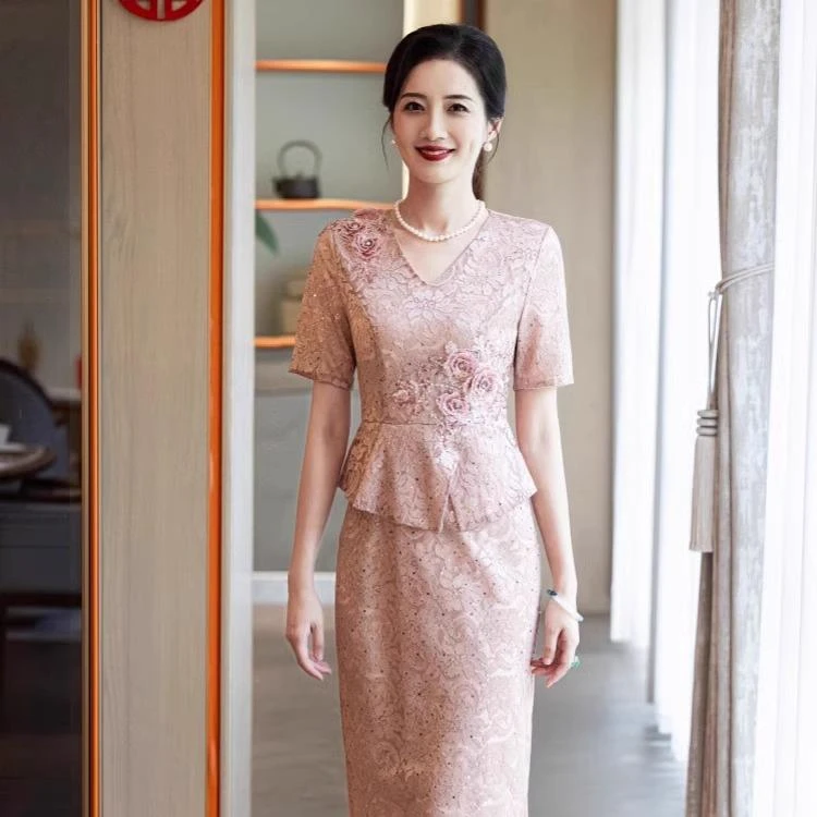 专柜喜婆婆婚宴装平时可穿连衣裙夏妈妈高贵旗袍结婚礼服遮肚显瘦