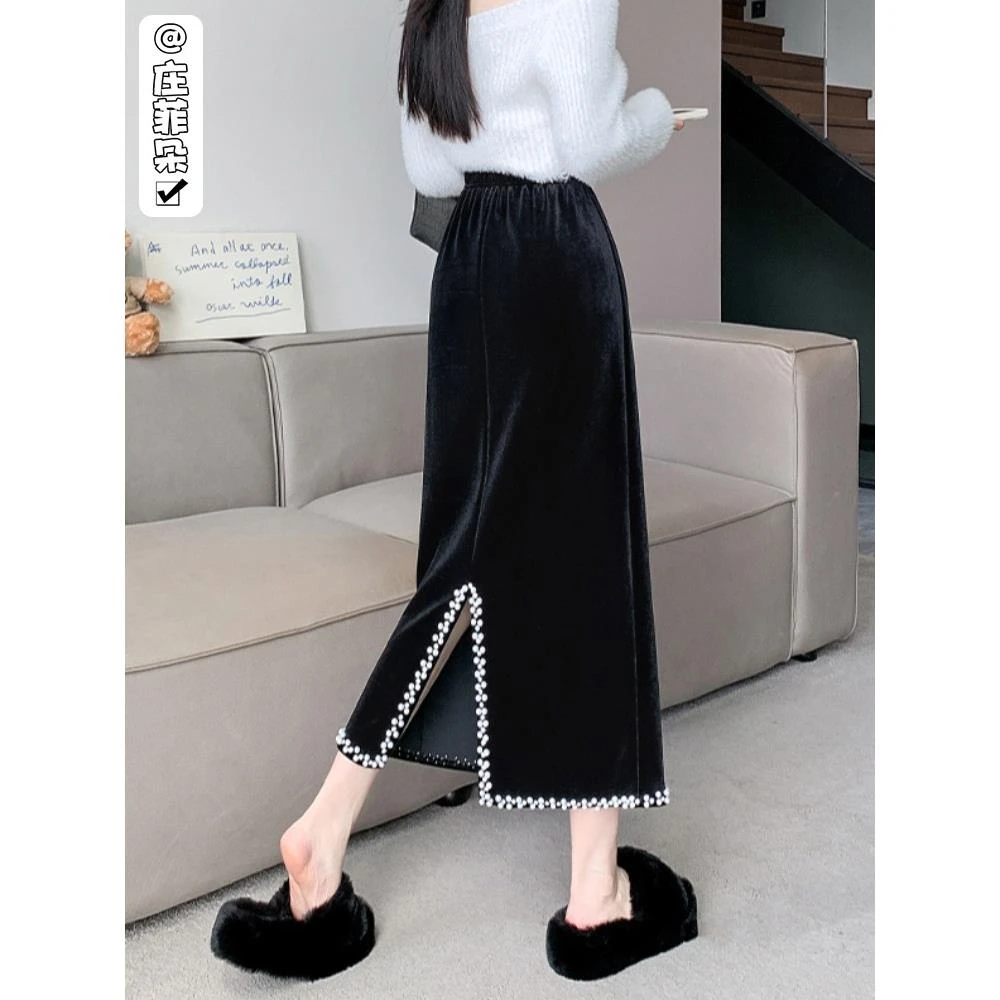 后开叉金丝绒半身裙女秋冬垂感遮胯钉珠中长裙松紧腰直筒包臀裙