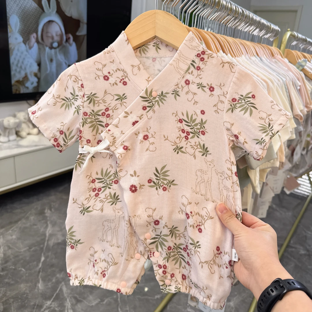 （稚蓓爱）新生儿婴幼儿竹棉纱布爬服夏季半袖蝴蝶衣连体衣